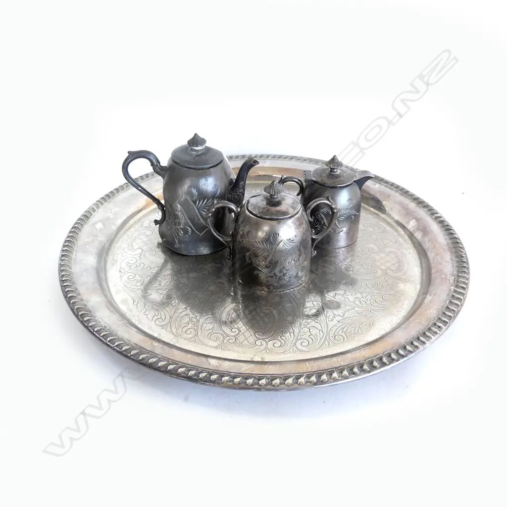 SILVER PLATE TRAY 405mm dia, 3 PCE TEA SET Image 1++
