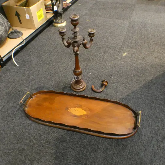 MAHOGANY TRAY W.590mm + WOODEN CANDLESTICK AF H.415mm