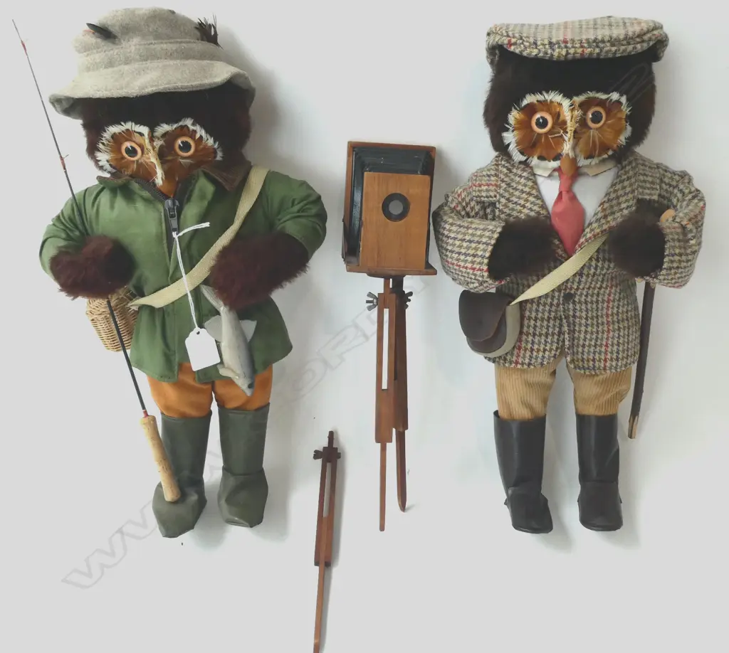 2 OWL DOLLS; FISHERMAN & PHOTOGRAPHER H.400mm Image 1++