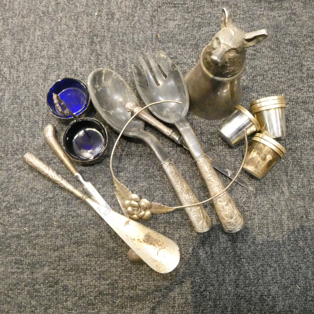 EP STIRRUP CUP, 6 SHOT CUPS, NECKLACE, 6 PCES STG HANDLED CUTLERY, EURO HALLMARKED CONDIMENT Image 1++