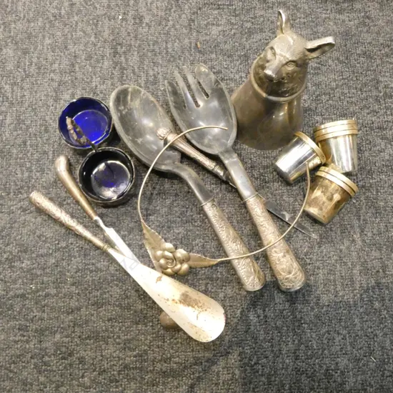 EP STIRRUP CUP, 6 SHOT CUPS, NECKLACE, 6 PCES STG HANDLED CUTLERY, EURO HALLMARKED CONDIMENT