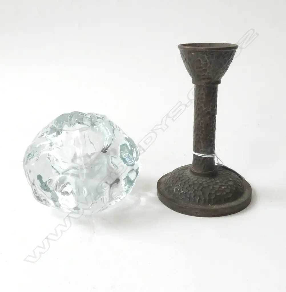 2 CANDLEHOLDERS; ORREFORS & TEXTURED BRONZE H.145mm Image 1++