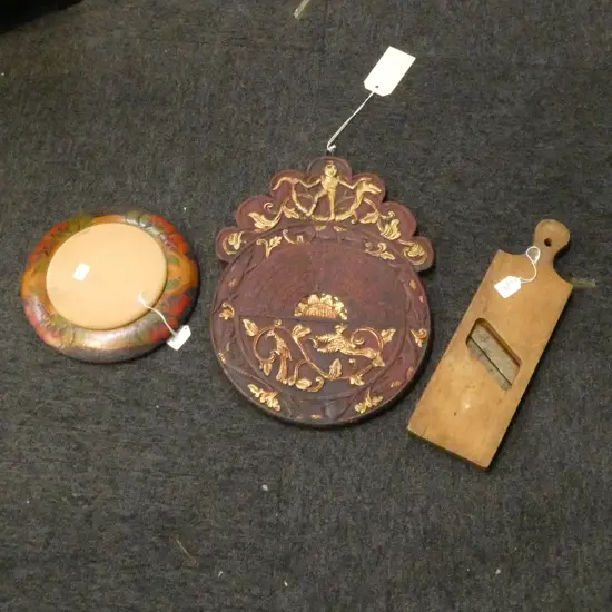 BALINESE CALENDER H.430mm w. VINTAGE FRENCH MANDOLIN, FOLK ART TRAY