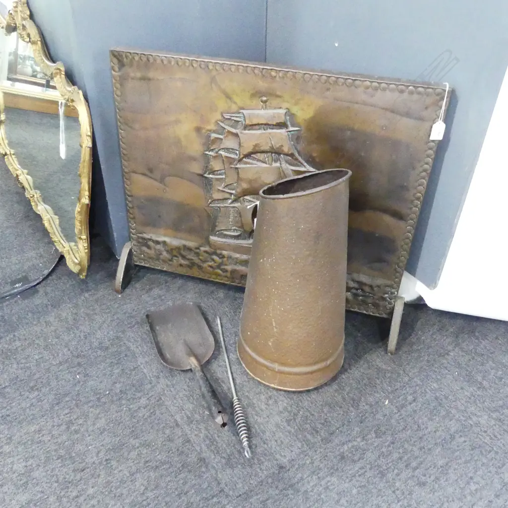 COPPER FIRE SCREEN H.620mm + BUCKET & TOOLS Image 1++