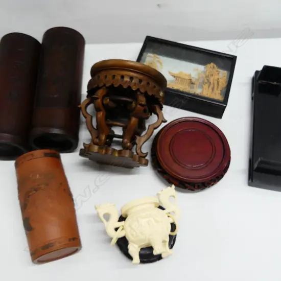 2 CHINESE BAMBOO BRUSH POTS H220MM CORK CARVING  TERRACOTTA VASE H150MM DRAGON JAR ON STAND & 2 CHINESE WOOD STANDS