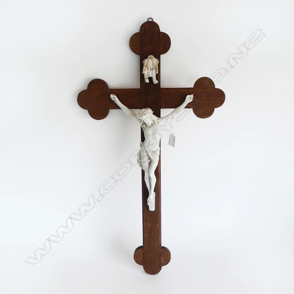 VINTAGE WALL HANGING CRUCIFIX, BISCUIT PORCELAIN CHRIST, H.700mm Image 1++