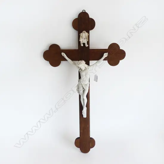VINTAGE WALL HANGING CRUCIFIX, BISCUIT PORCELAIN CHRIST, H.700mm