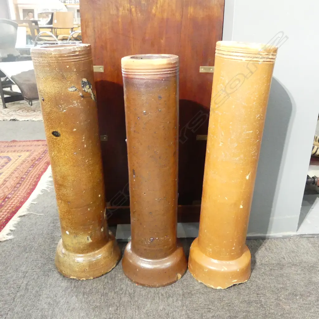 3 SALT GLAZED PIPES; NZ BRICK Co. NEW LYNN H.700mm Image 1++