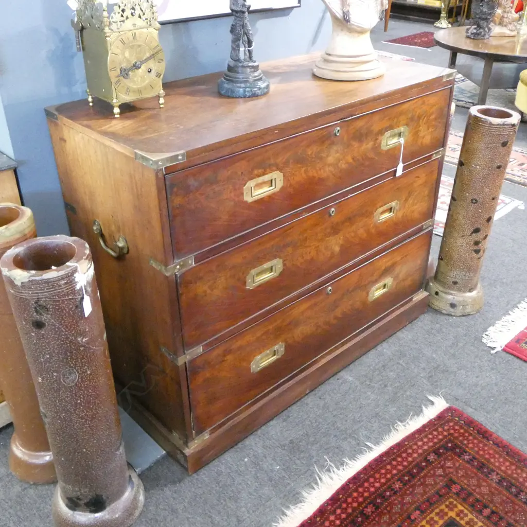 OLD 3 DRAWER MAHOGANY CAMPAIGN CHEST recessed brass fittings 1020x460x820mm Image 1++