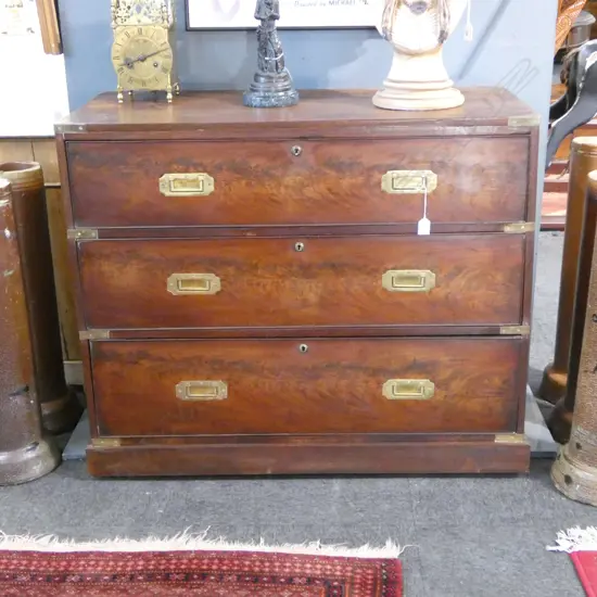 OLD 3 DRAWER MAHOGANY CAMPAIGN CHEST recessed brass fittings 1020x460x820mm