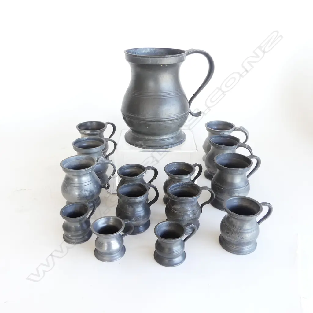15 PEWTER BALUSTER JUGS; 1 QUART, 6 GILLS, 5 HALF, 3 SMALLER Image 1++