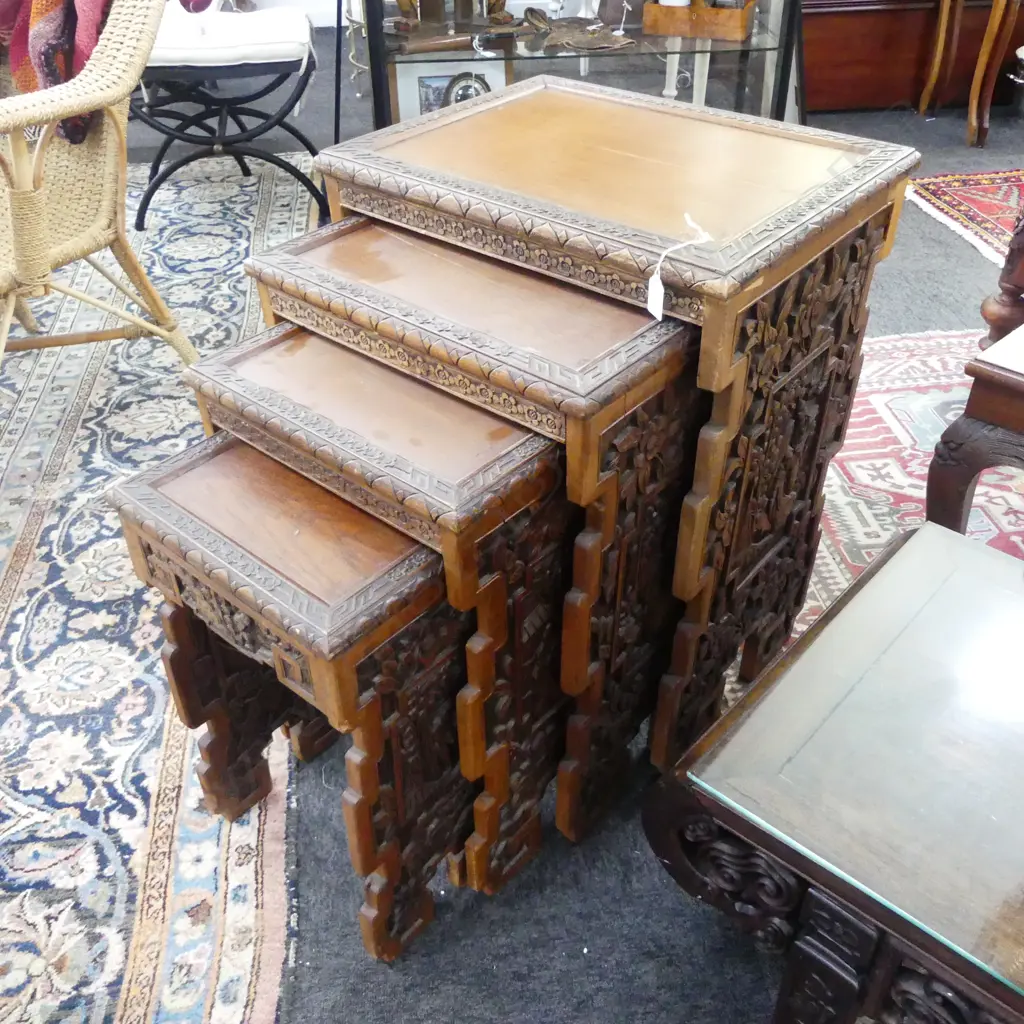 4 CHINESE CARVED WOODEN NESTING TABLES 505x380x685mm Image 1++