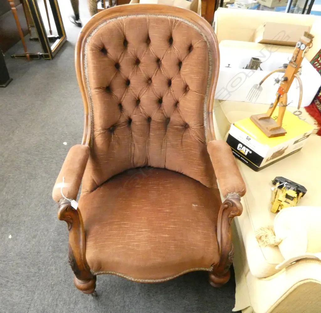 VICTORIAN GRANDFATHER CHAIR, BROWN VELVET UPHOLSTERY, BUTTON BACK Image 1++