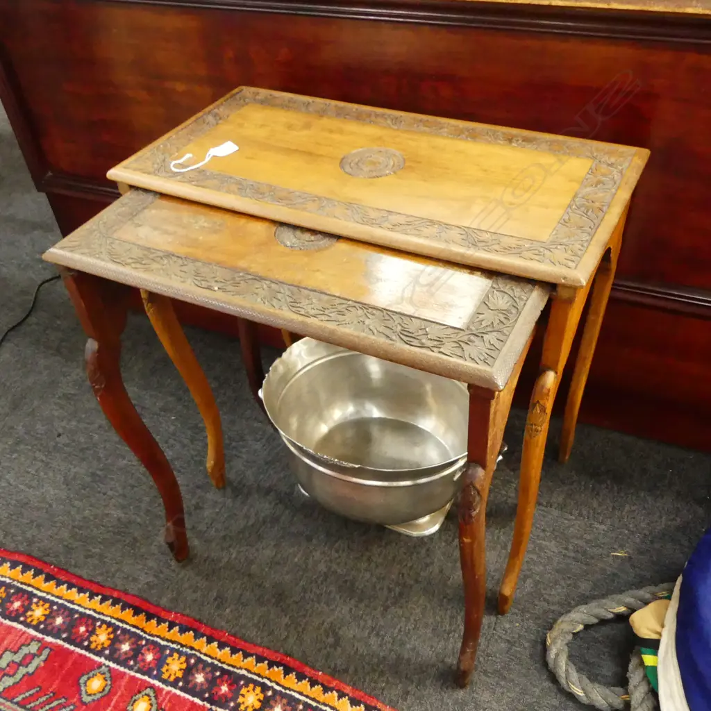 NESTING TABLE (2); CARVED, 'N.Z. STAFF CORPS', 1 TOP MARKED, 610x300x610mm Image 1++