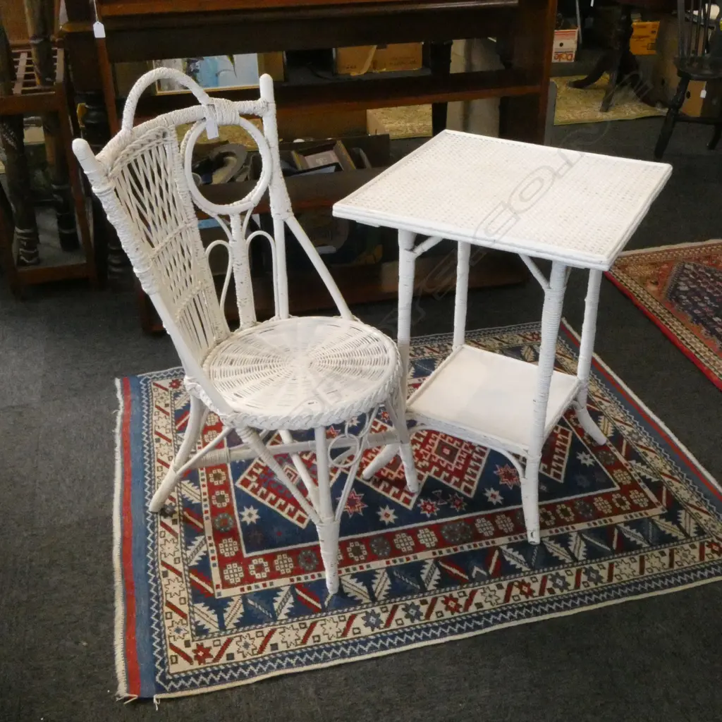 WHITE PAINTED CANE CHAIR & TABLE H.905mm Image 1++