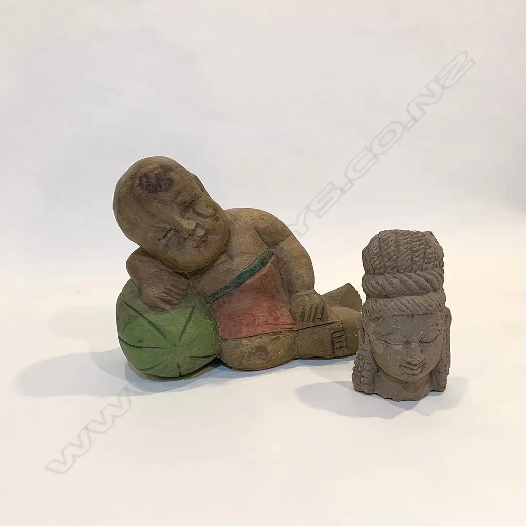 2 ORIENTAL PCES; CARVED WOODEN CHILD W.240mm, STONE HEAD H.130mm Image 1++