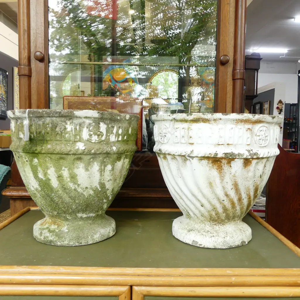 PAIR OF OLD CONCRETE PLANTERS, H.305MM D.320MM Image 1++
