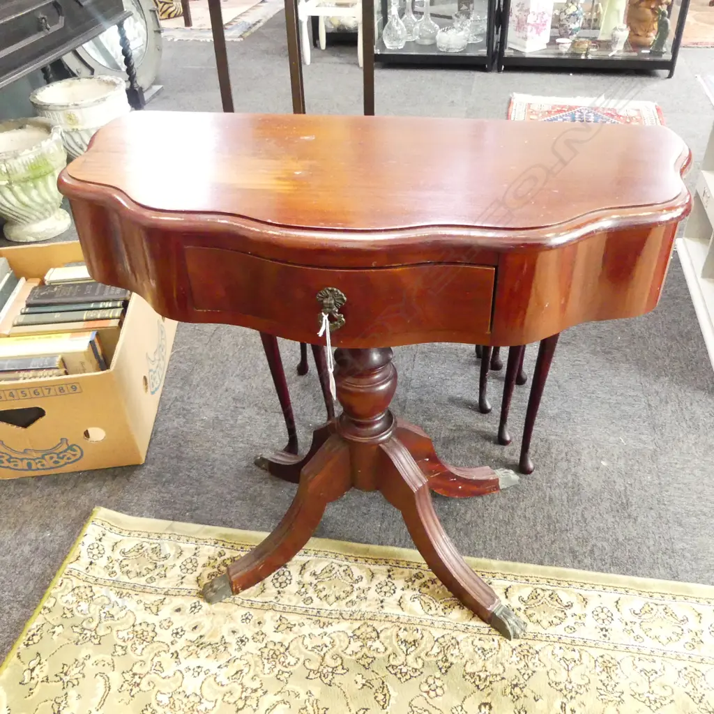 REGENCY STYLE MAHOGANY DEMILUNE PEDESTAL TABLE 830x400x670mm TOP MARKED Image 1++