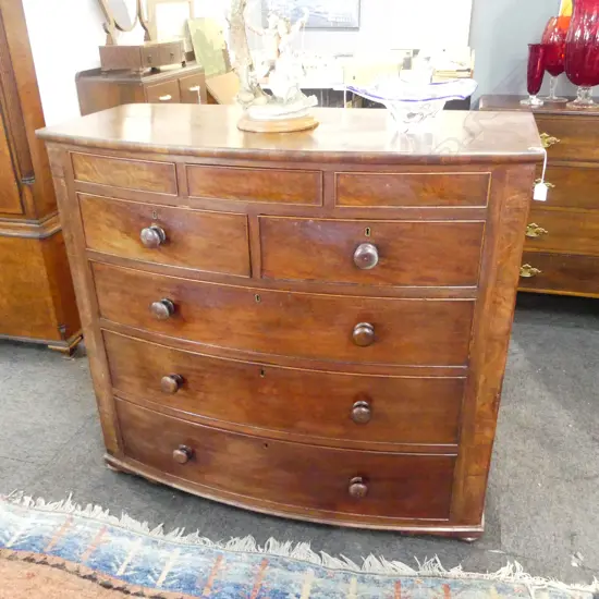VICTORIAN MAHOGANY 8 DRAW BOW FRONT CHEST 1250x565x1150mm