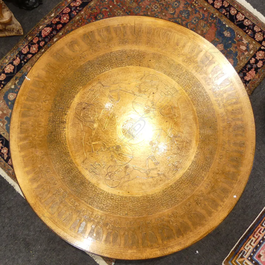 DANSKE MOBLER LARGE CIRCULAR COFFEE TABLE w. COPPER EMBOSSED EGYPTIAN MOTIFS H.450 Dia.1170mm Image 1++