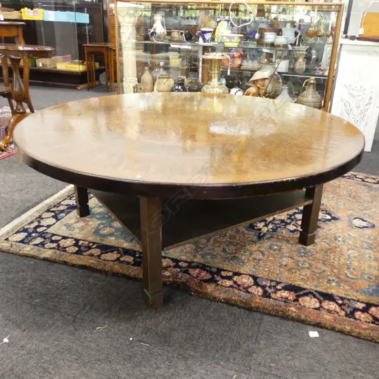 DANSKE MOBLER LARGE CIRCULAR COFFEE TABLE w. COPPER EMBOSSED EGYPTIAN MOTIFS H.450 Dia.1170mm