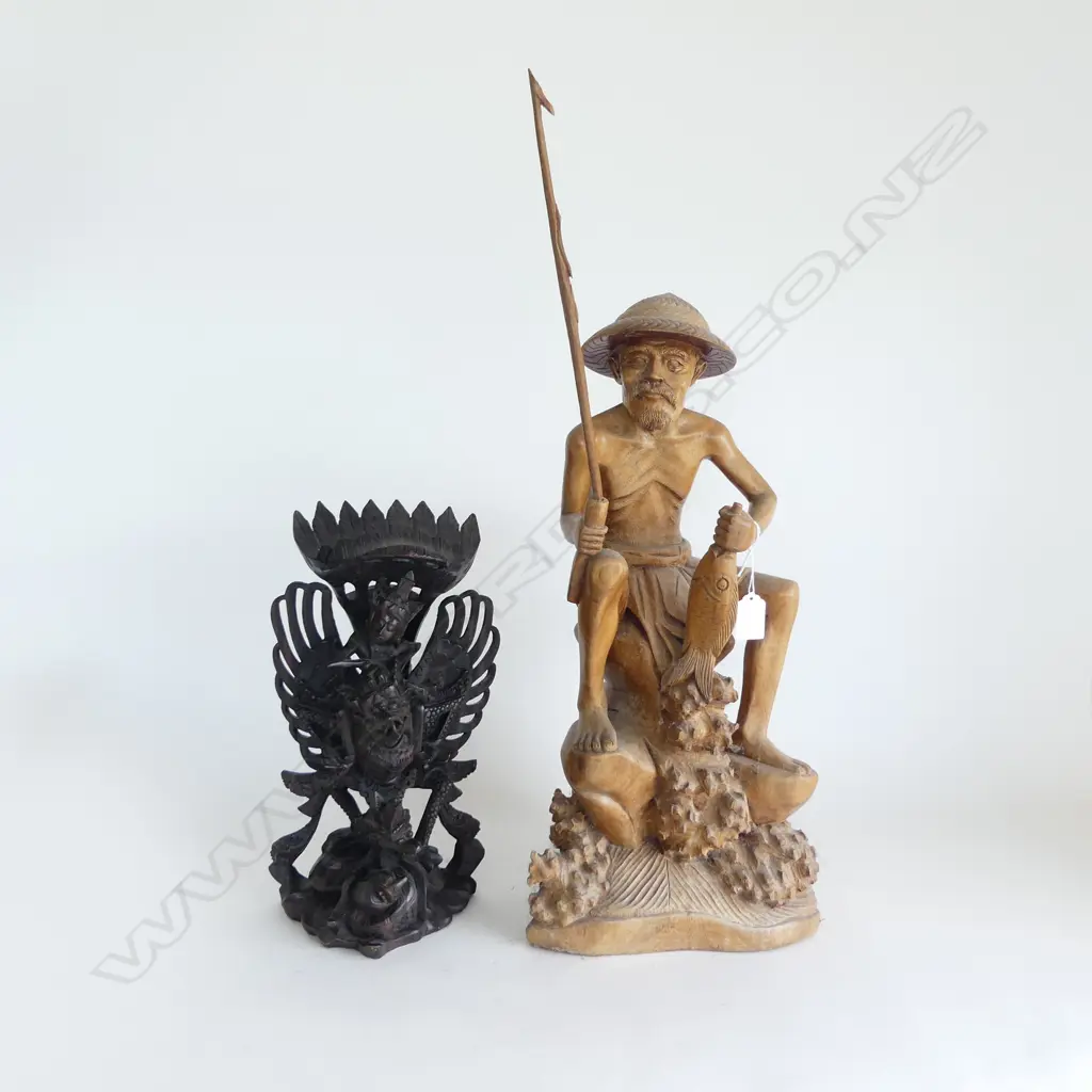 2 INDONESIAN CARVED WOODEN FIGURES; FISHER MAN H.640mm & GARUDA Image 1++