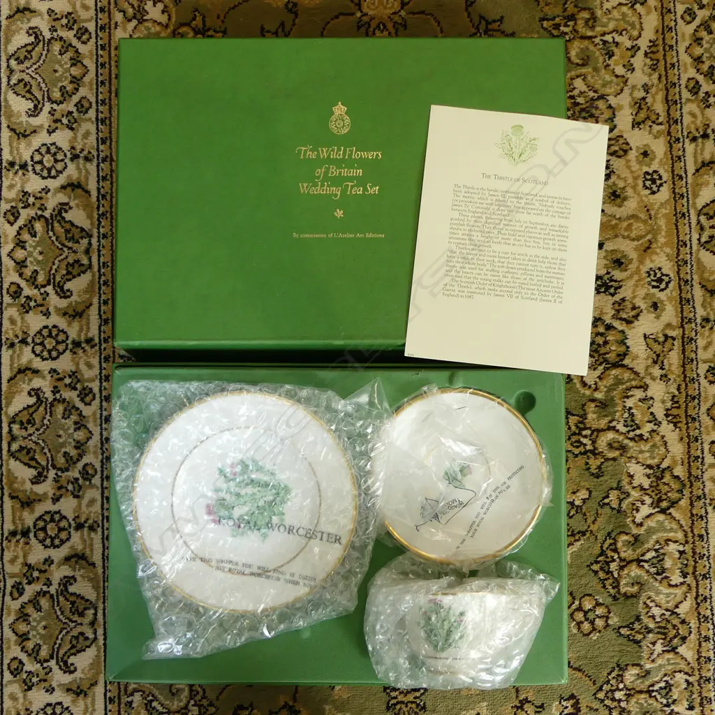 BOXED (FAULT) ROYAL WORCESTER 'WILD FLOWERS OF BRITAIN WEDDING TEA SET' THISTLES OF SCOTLAND TEACUP & SAUCER Image 1++