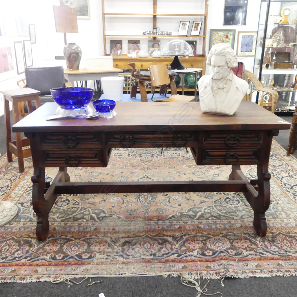 WOODEN DESK w. RUSTIC STRETCHER BASE 1650x800x770mm Image 1++