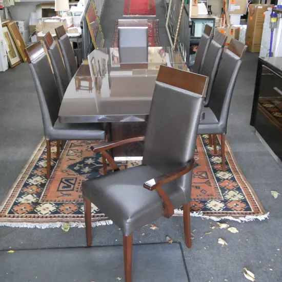 ITALIAN DINING TABLE & 8 BROWN VINYL CHAIRS (2 CARVERS) EX BRADFORDS INTERIORS 1080x1960x775mm + LEAF W.540mm