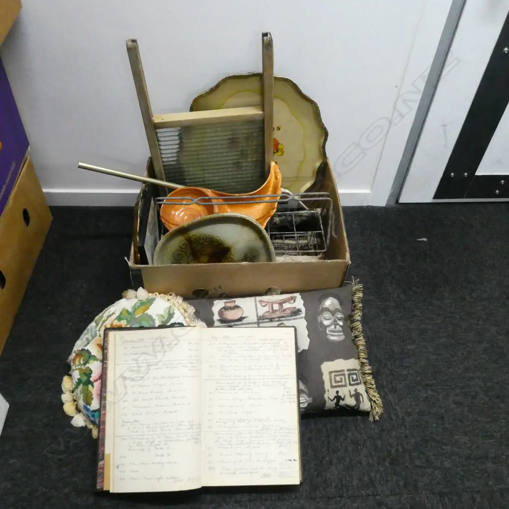ASST. ITEMS; 2 CUSHIONS, TRAYS, LEDGER BOOK, POTTERY ETC Image 1++