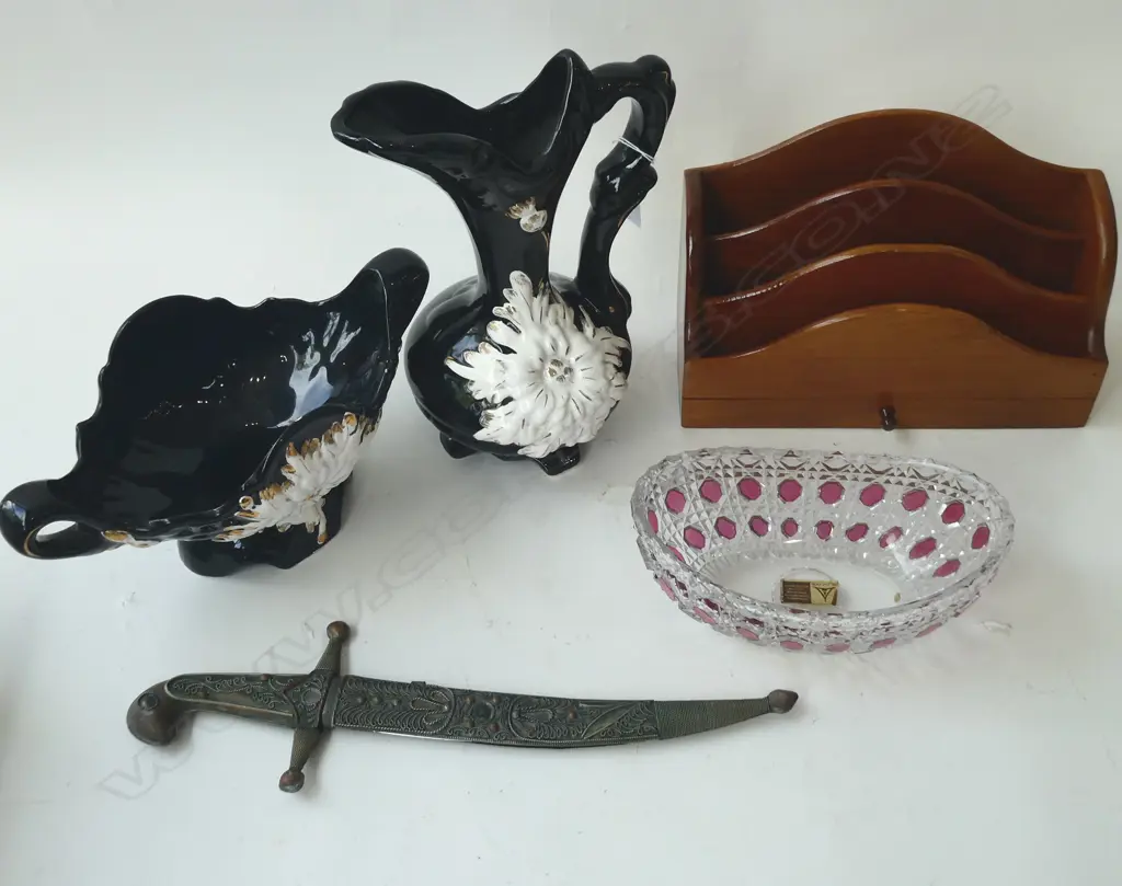 5 PCES; BLACK CERAMIC JUG H.260mm & VASE, CRYSTAL BOWL, WOODEN LETTER RACK, DAGGER & SCABBARD L.360mm Image 1++