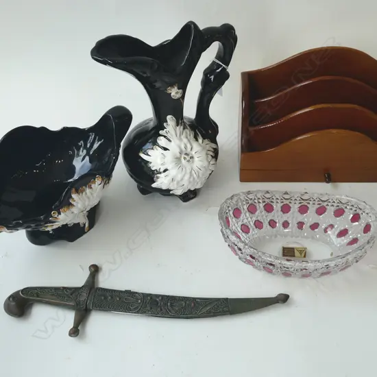 5 PCES; BLACK CERAMIC JUG H.260mm & VASE, CRYSTAL BOWL, WOODEN LETTER RACK, DAGGER & SCABBARD L.360mm