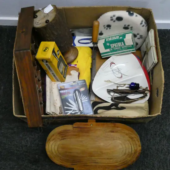 BOX LOT SMALL GUILLOTINE WOOD ITEMS CLOTH ETC