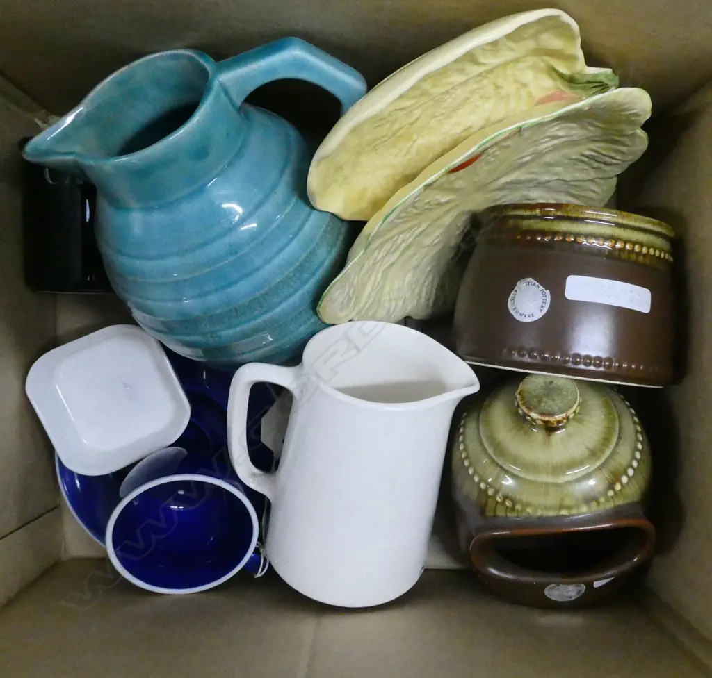2 PCES TITAN WARE, WHITE GLAZE CROWN LYNN JUG, FRENCH JUG, RD ANSETT, CARLTON WARE, etc Image 1++