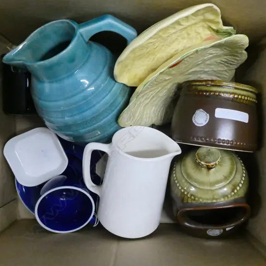 2 PCES TITAN WARE, WHITE GLAZE CROWN LYNN JUG, FRENCH JUG, RD ANSETT, CARLTON WARE, etc
