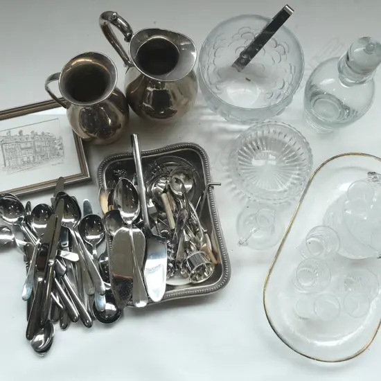 ASST. CUTLERY, 2 EP JUGS, CRYSTAL ETC