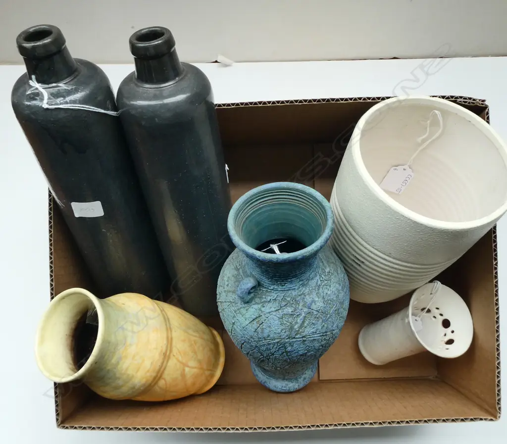 ASST POTTERY; ENGLISH, PETER SHEARER AMPHORA FORM, 2 BOTTLE FORMS, etc H.290mm (FAULTS) Image 1++