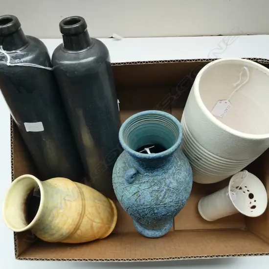 ASST POTTERY; ENGLISH, PETER SHEARER AMPHORA FORM, 2 BOTTLE FORMS, etc H.290mm (FAULTS)