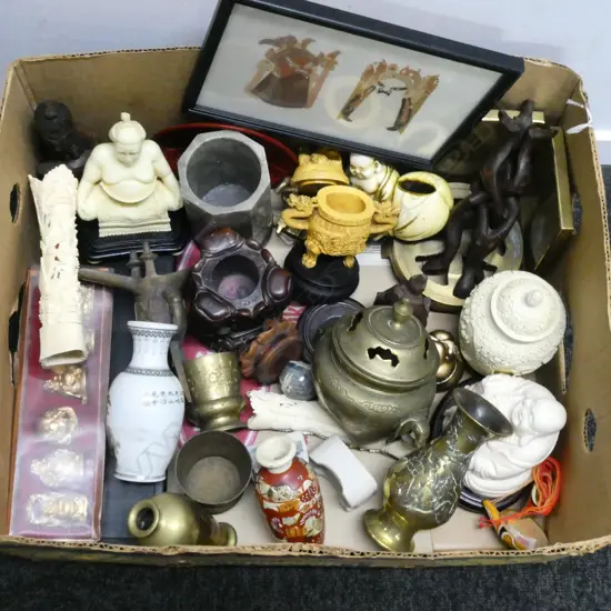 LARGE COLLECTION OF ORIENTAL CHINA BRASS  STONE & OTHER SMALL OBJECTS 