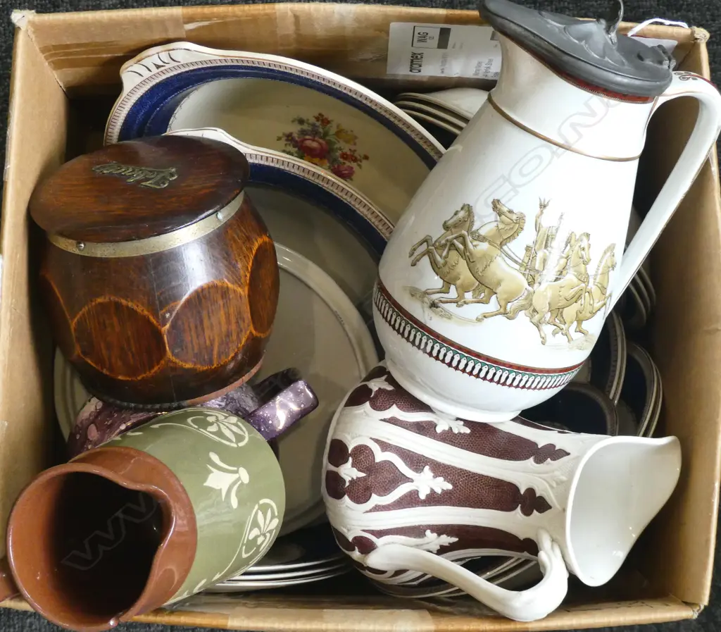 GRINDLEY 'MELROSE' PART DINNER SET, ANTIQUE JUGS, OAK TOBACCO JAR Image 1++