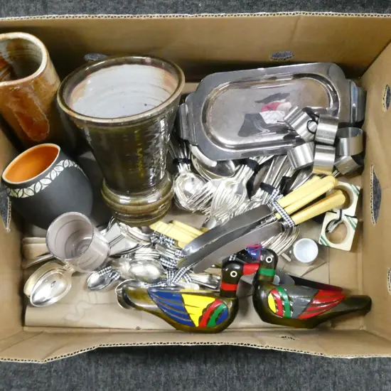 ASST. POTTERY, CUTLERY, NAPKIN RINGS (CLARICE CLIFF PR) ETC