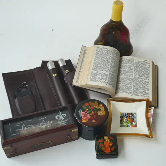7 ASST. ITEMS; SNAKE WINE, BIBLE, 2 RUSSIAN BOXES, MURANO DISH ETC