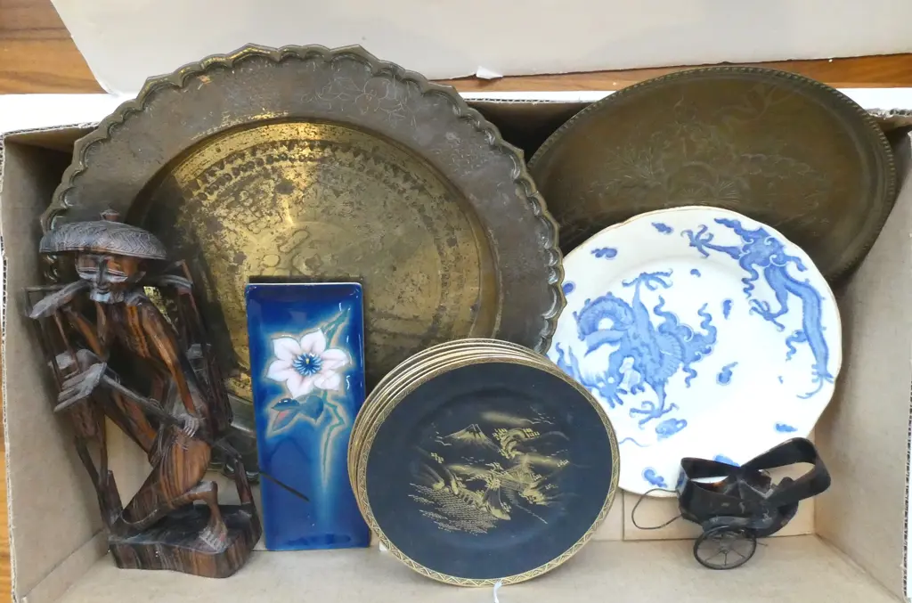 ASST. ORIENTAL ITEMS – BRASS, WIRELESS CLOISONNE, JAPANESE PLATES, BRASS TRAY ETC  Image 1++