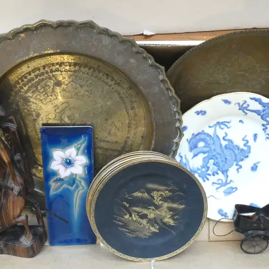 ASST. ORIENTAL ITEMS – BRASS, WIRELESS CLOISONNE, JAPANESE PLATES, BRASS TRAY ETC 