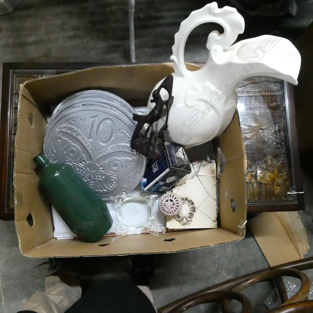 ASST COLLECTIBLES Incl. FONSECA BOTTLE, LG WHITE JUG, 3 COIN WALL HANGINGS, etc Image 1++