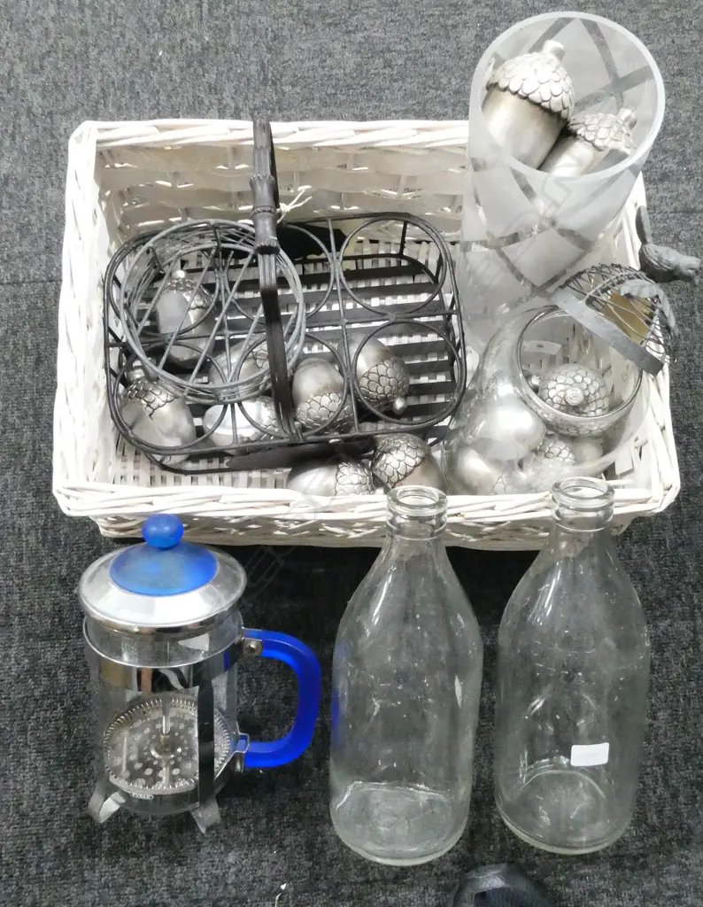 BASKET w. 2 MILK BOTTLES, TRAY, PYREC PLUNGER, ASST SILVER ACORNS, etc Image 1++
