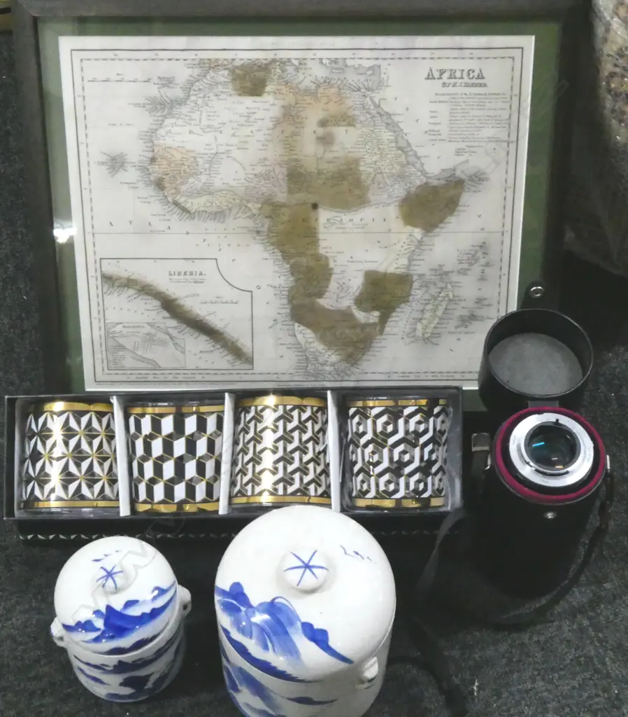 FRAMED MAP OF AFRICA 310x370mm, 4 JONATHAN ADLER 'VERSAILLES' COCKTAIL GLASSES (BOXED), 2 B/W CONTAINERS, TAMRON LENS Image 1++