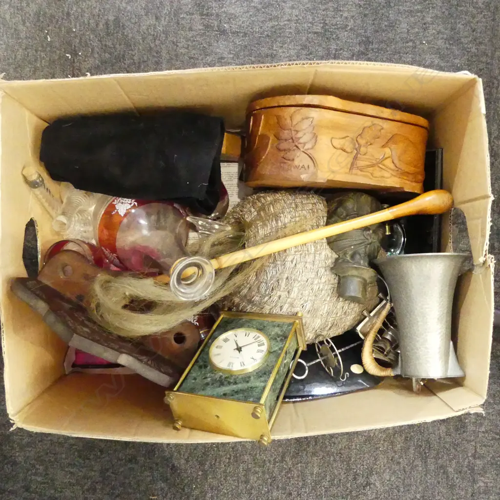 ASST. ITEMS; CUTLERY, TUDRIC PEWTER JUG, CLOCK, WOODEN BOX ETC Image 1++