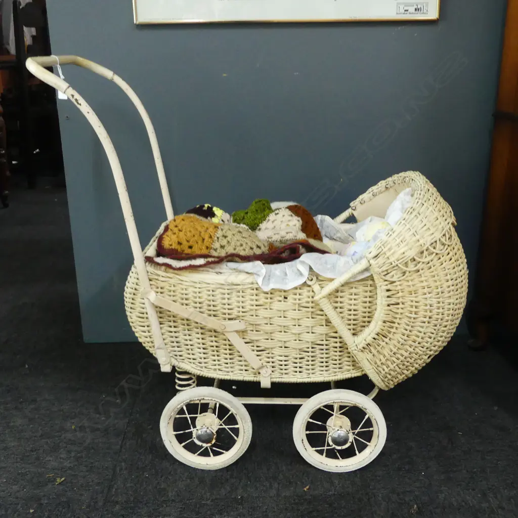 VINTAGE PAINTED CANE DOLL'S PRAM L.750mm Image 1++
