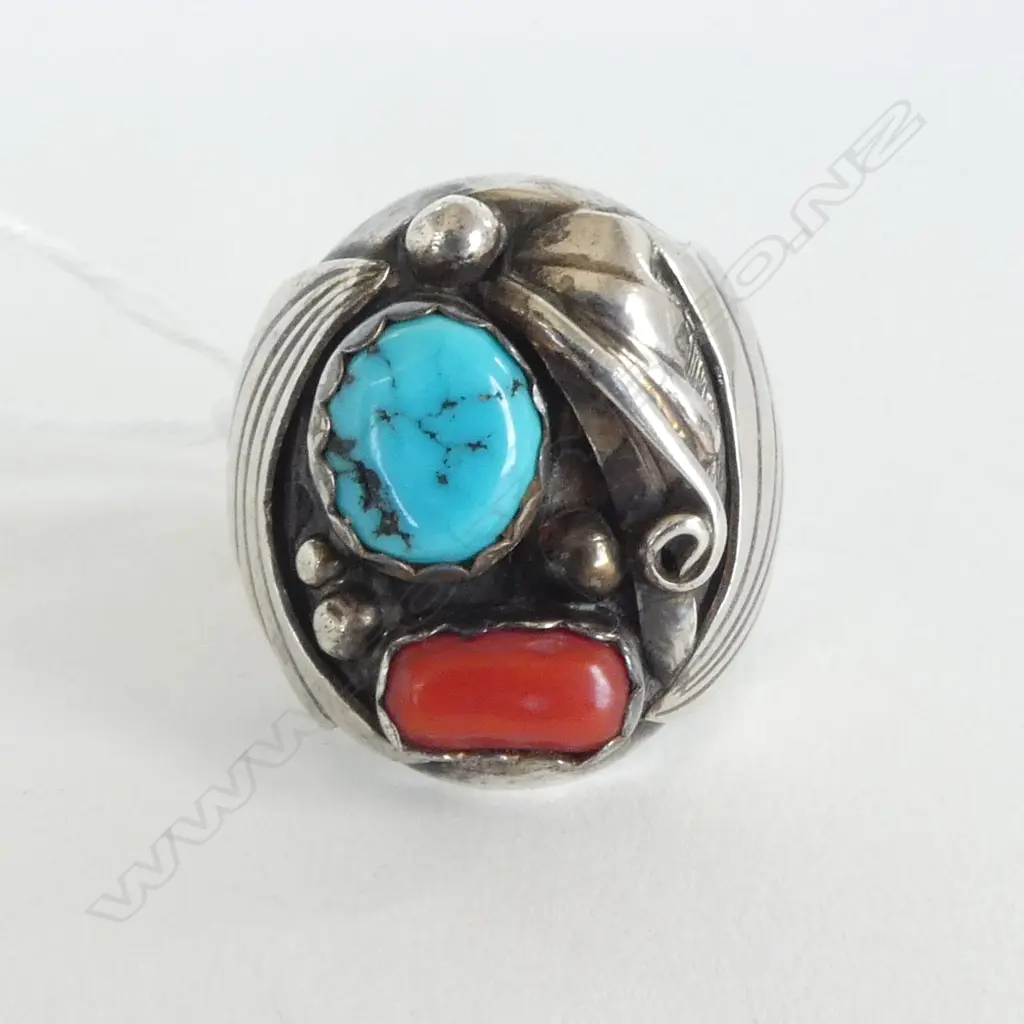 NAVAJO SILVER TURQUOISE & CORAL GENT'S RING, 22gm (CD13011) SIZE X Image 1++